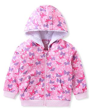 Babyhug Full Sleeves Front-Open Sweatjacket With Hood & Butterfly Graphics - Pink