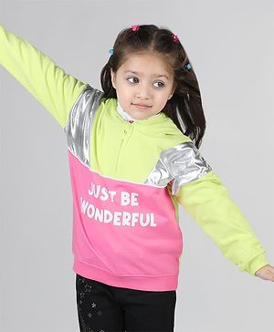 Babyhug Cotton Knit Full Sleeves Front Open Cut & Sew Hooded Sweat Shirt with Metallic Fabric & Zipper Detailing Text Print - Multicolour