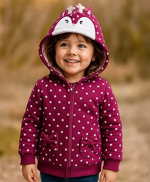 Babyhug Full Sleeves Front Open Sweatjacket with Hood Zipper & 3D Appplique Polka Dot Print -  Maroon