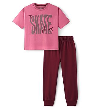 Primo Gino 100% Cotton Knit Half Sleeves  Night Suit with Text Print - Pink