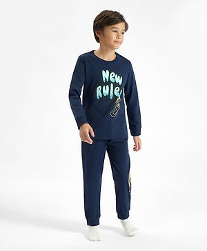 Primo Gino 100% Cotton Knit Full Sleeves Night Suit  with Text Print  - Blue