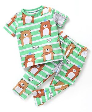 Babyhug Cotton Half Sleeves Night Suit With Bear Print-Green
