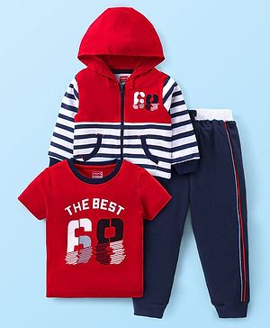Babyhug Cotton Knit Full Sleeves Striped Hoodie With T-Shirt & Lounge Pants - Multicolor