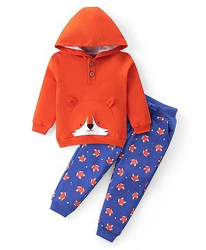 Babyhug Cotton Knit Full Sleeves Hooded T-Shirt & Lounge Pants Set With Fox Print & Applique - Neon Orange & Blue