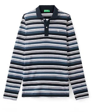 UCB Cotton Knit Full Sleeves Striped Polo T-Shirt - Blue