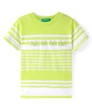 UCB Cotton Knit Half Sleeves Jacquard Striped T-Shirt With 3D Text Embroidered - Green