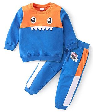 Babyhug Terry Full Sleeve T-Shirt and Cut & Sew Design Lounge Pant Set With Monster Applique- Blue  & Orange