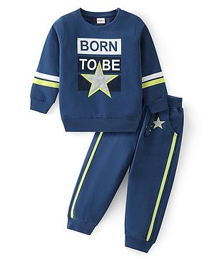 Babyhug Cotton Knit Full Sleeves T-Shirt & Lounge Pants Set With Text Print - Blue