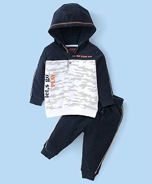 Babyhug Cotton Knit Full Sleeves Hooded T-Shirt & Lounge Pants Set With Text Print - Navy & White