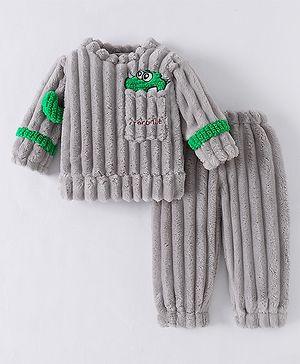 Kookie Kids Full Sleeves Winter Wear Night Suit With Crocodile Applique - Grey