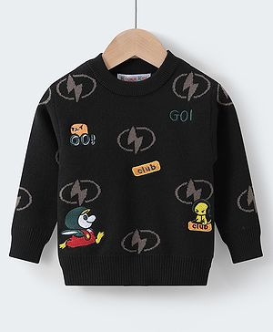 Kookie Kids Knit Full Sleeves Pullover Sweater with Text Design - Black