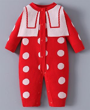 Kookie Kids Full Sleeves Winter Wear Front Open Hooded Romper With Polka Dot Print- Red