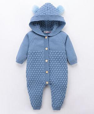 Kookie Kids Full Sleeves Hooded Winter Wear Romper with Ears Applique - Blue