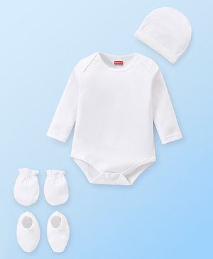 Babyhug 100% Cotton Knit Full Sleeves Onesie With  Cap Mittens & Booties Set Solid Colour - White