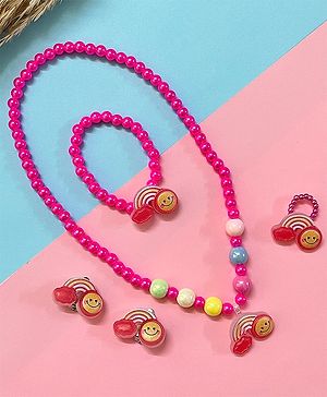 Little Peas Pearl Beaded & Rainbow Charm Embellished Necklace Bracelet Ring & Earrings Set - Dark Pink