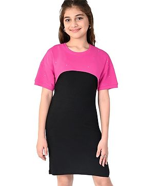 Pine Kids Cotton Solid Frock with Half Sleeves Shrug & Belt - Black & Pink