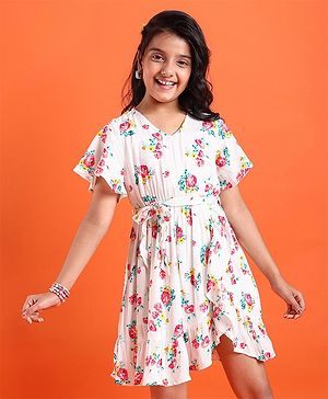 Pine Kids Cotton Woven Half Sleeves Floral Printed Frock - Snow White