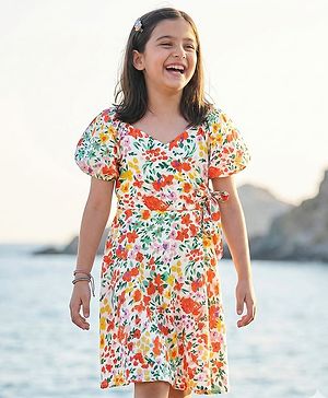 Pine Kids Cotton Woven Half Sleeves Floral Printed Frock - Snow White