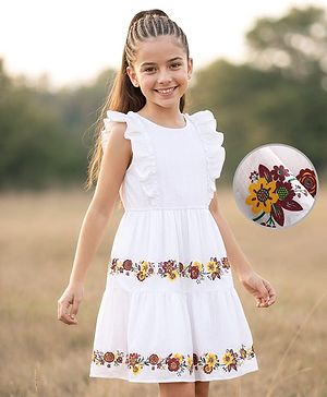 Pine Kids Woven Structure Frill Sleeves Tiered Frock with Floral Print - White