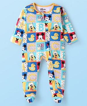 Babyhug Disney Cotton Knit Full Sleeves Sleep Suit With Minnie Mouse & Friends Graphics - Blue