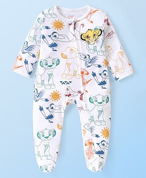Babyhug Disney 100% Cotton Knit  Full Sleeve Sleep Suit with Lion King Graphics -White