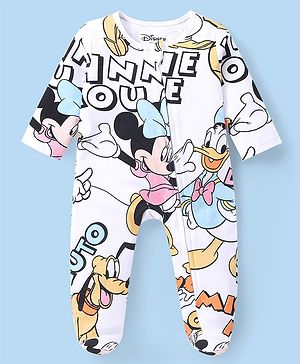 Babyhug Disney Cotton Full Sleeves Sleepsuit With Minnie Mouse Print - White