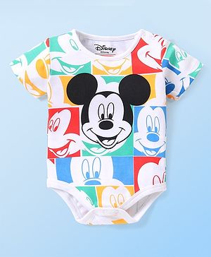 Babyhug Disney Interlock Knit  Half Sleeves Onesie with Mickey Mouse Graphics - Multicolour