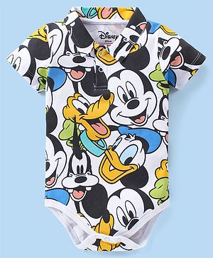 Babyhug Disney Interlock Knit Half Sleeves Onesie With Mickey Mouse Graphics - White