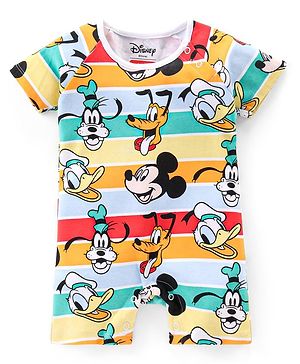 Babyhug Disney Interlock Knit Half Sleeves Romper with Mickey Mouse Graphics - Multicolor