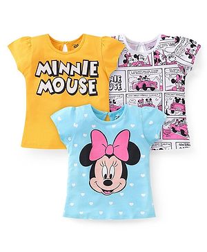 Babyhug Disney Cotton Knit Cap Sleeves Tops with Minnie Mouse Graphics Pack Of 3 - Multicolour