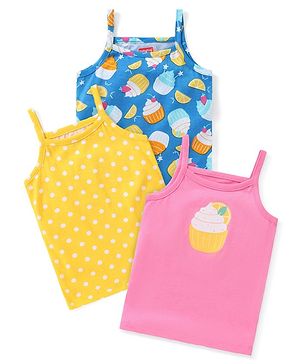 Babyhug 100% Cotton Knit Sleeveless Slips Polka Dot & Cupcake Print Pack Of 3 - Yellow Blue & Pink