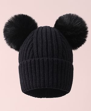 Pine Kids Cable Knit Design Woollen Cap with Pom Pom Black - Diameter 13 cm