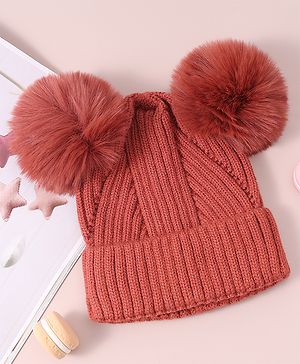 Pine Kids Cable Knit Design Woollen Cap with Pom Pom - Dark Pink