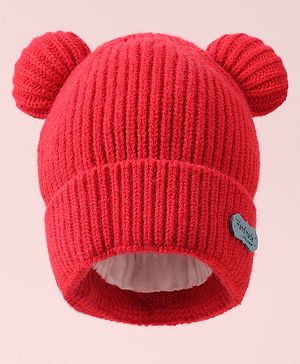 Pine Kids Cable Knit Design Woollen Cap with Pom Pom Red - Diameter 13 cm