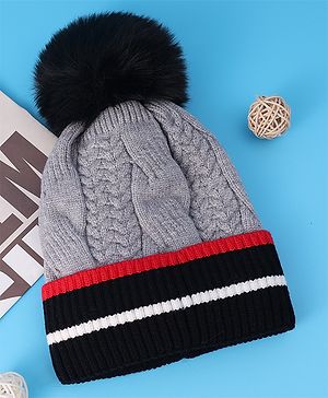 Pine Kids Woollen Cap With Pom Pom & Cable Knit Design Grey - Diameter 16 cm