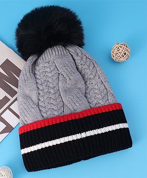 Pine Kids Woolen Cap With Pom Pom Applique - Grey