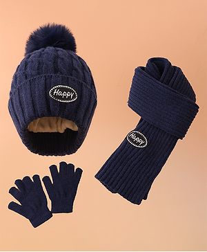 Pine Kids Woollen Cap & Muffler Set With Gloves Navy Blue - Diameter 16 cm