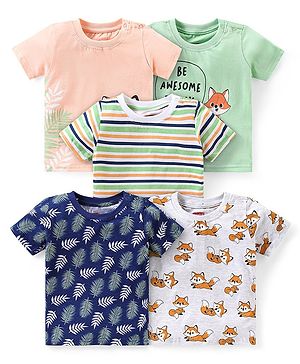 Babyhug Cotton Knit Half Sleeves T-Shirts With Leafy Graphics Pack of 5 - Multicolor