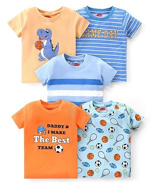 Babyhug Cotton Knit Half Sleeves T-Shirt with Dino & Text Print Pack of 5 - Cream Blue & Orange