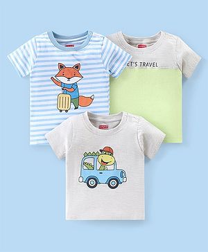 Babyhug Cotton Knit Half Sleeves T-Shirt with Vehicle & Fox Print Pack of 3 - Multicolor
