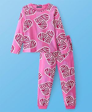 Pine Kids Cotton Knit Full Sleeves Night Suit with Hearts Print - Sachet Pink