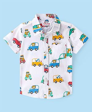 Babyhug Cotton Woven Half Sleeves Regular Collar Shirt With Cars Print - White