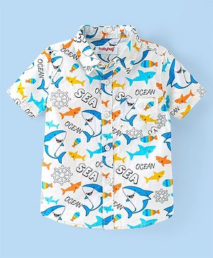 Babyhug Cotton Woven Half Sleeves Shirt With Shark Print - Multicolor