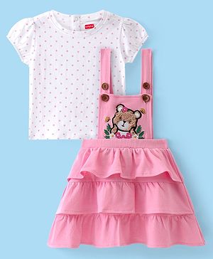 Babyhug Cotton Woven Half Sleeves T-Shirt With Layered Frock Polka Dots Print & Bear Embroidery- Pink