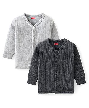 Babyhug Cotton Blend Full Sleeves Front Open Solid Color Thermal Vests Pack Of 2 - Grey