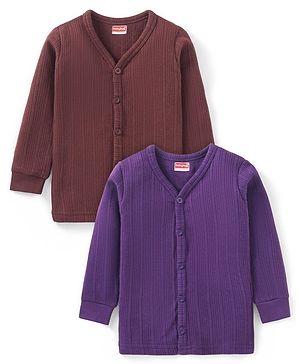 Babyhug Full Sleeves Front Open Solid Colour Thermal Vests Pack of 2 - Brown & Purple