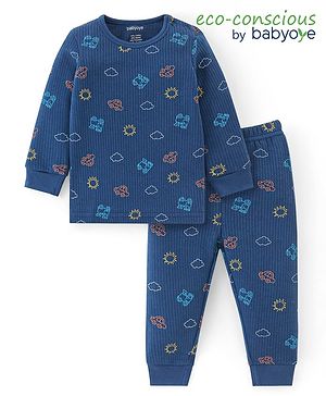 Babyoye Drop Needle Full Sleeves Vest & Leggings Set Clouds Print - Navy Blue