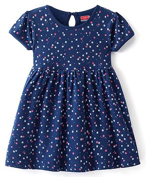 Babyhug Cotton Knit Half Sleeves Frock With Floral Print - Navy Blue