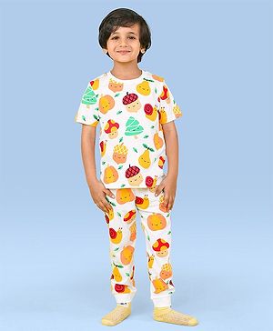 Babyhug Cotton Interlock Half Sleeves Night Suit Fruits Print - White