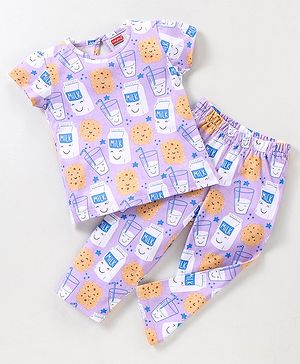 Babyhug Cotton Half Sleeves Night Suit With Milk And Cookie Print - Lavender